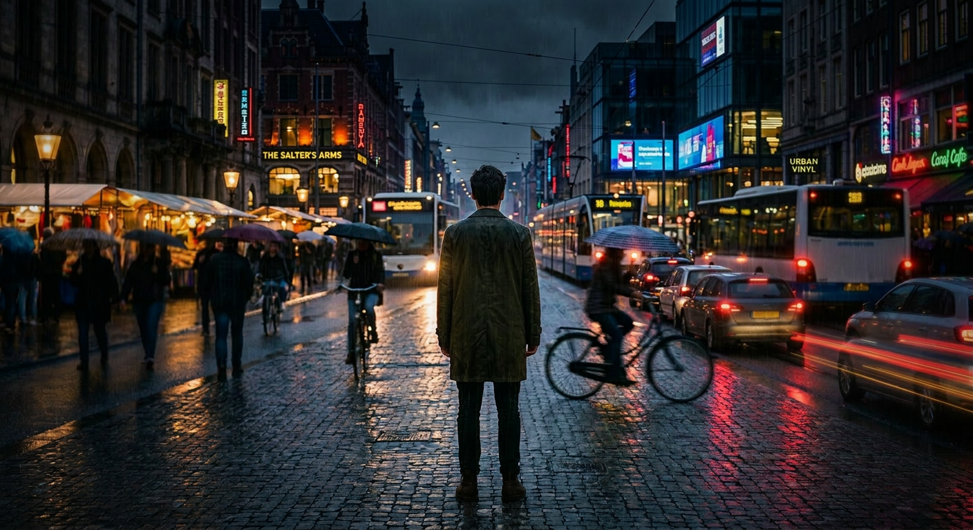 Man standing still on a busy city street with blurred people and vehicles passing by